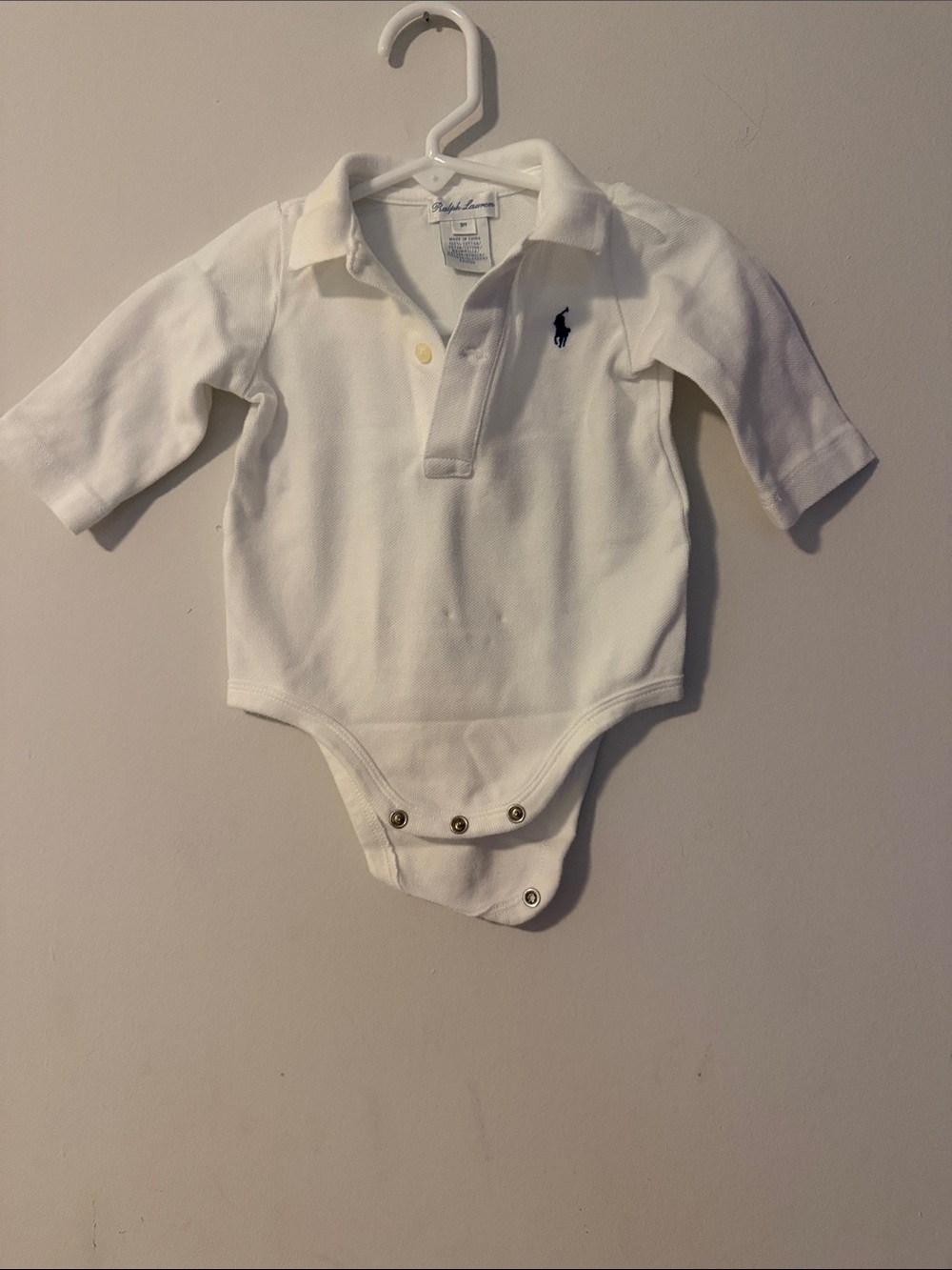 Ralph Lauren White Long Sleeve Polo Bodysuit with Navy Pony